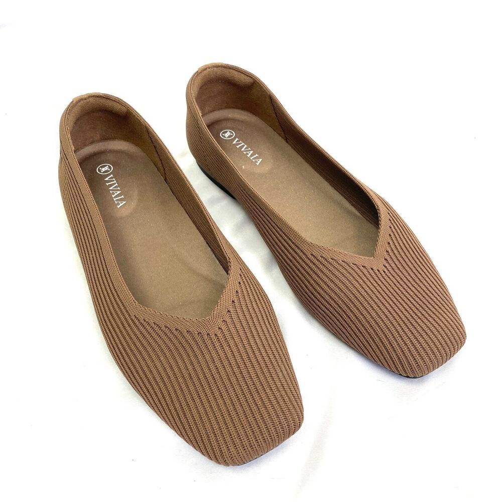 Vivaia Shoes Women 37.5 Beige Tan Neutral Square Toe Ballet Flats Woven Knit